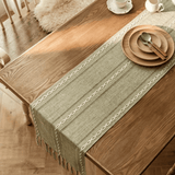 Linen Textured Table Runner with White Embroidery Pattern