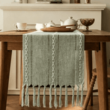 Linen Textured Table Runner with White Embroidery Pattern