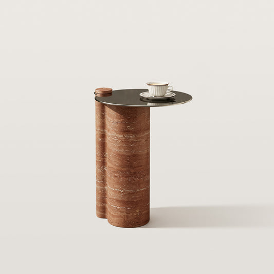 Side Table with Stainless Steel Tabletop and Curved Travertine Base
