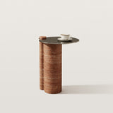Side Table with Stainless Steel Tabletop and Curved Travertine Base
