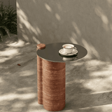 Side Table with Stainless Steel Tabletop and Curved Travertine Base