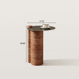 Side Table with Stainless Steel Tabletop and Curved Travertine Base