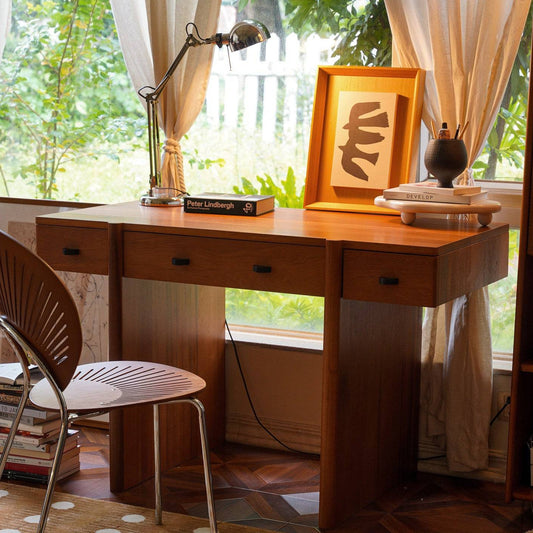 Mid Century Wood Home Office Desk with Multi Storage Drawers