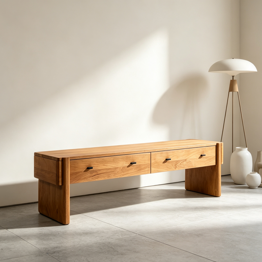 Mid Century Wood Entryway Bench with 2 Large Drawers