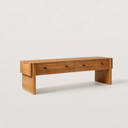 Mid Century Wood Entryway Bench with 2 Large Drawers