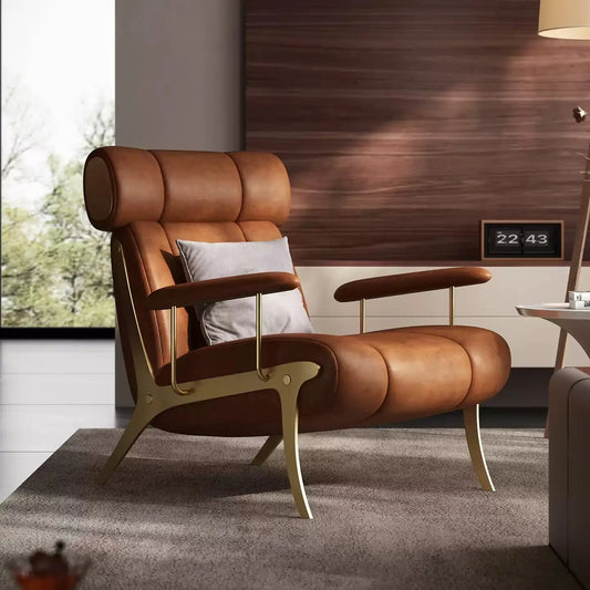 Mid-Century Leather Lounge Chair with Gold Metal Frame