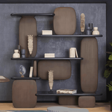 Asymmetrical Display Shelf with Wood Panels and Gloss Shelves