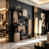 Asymmetrical Display Shelf with Wood Panels and Gloss Shelves