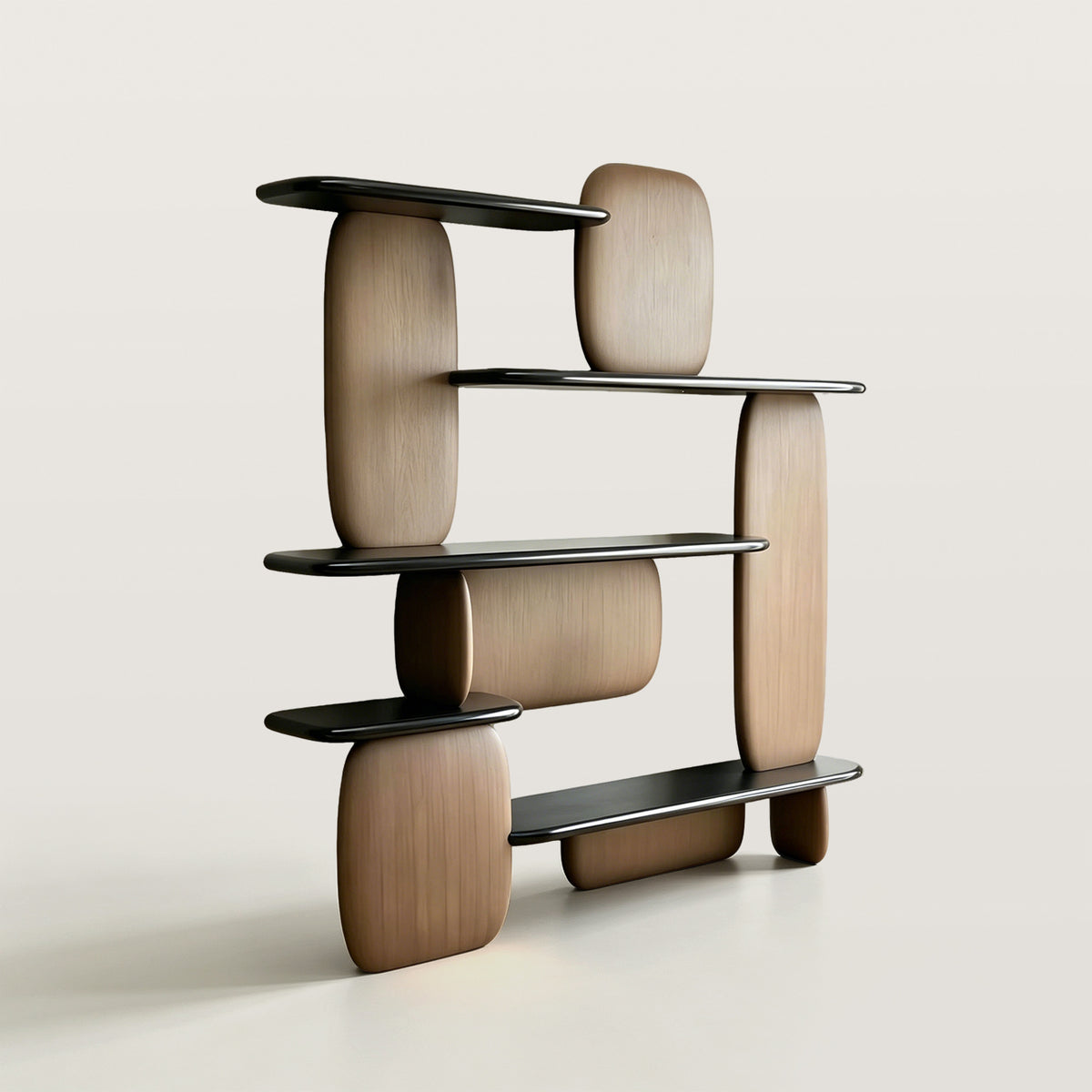 Asymmetrical Display Shelf with Wood Panels and Gloss Shelves