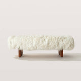High-End Fluffy Sheepskin Covered Bench with Walnut Base