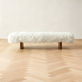 High-End Fluffy Sheepskin Covered Bench with Walnut Base