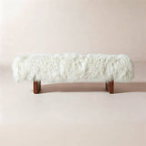 High-End Fluffy Sheepskin Covered Bench with Walnut Base