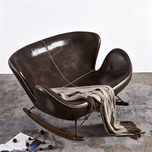 Vintage Leather Rocking Chair with Decorative Cross Stitching