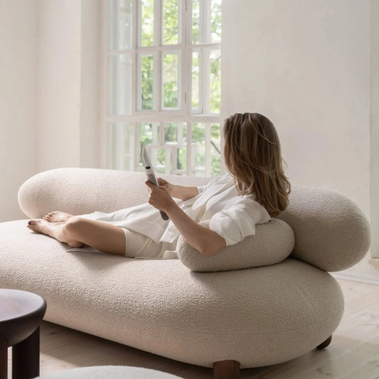 Plush Boucle Curved Sofa with Wood Round Legs