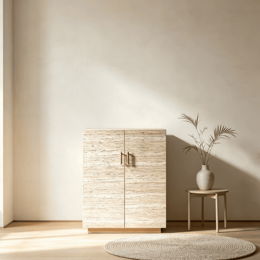 Travertine-Textured Bar Cabinet with Brass Cabinet Pull
