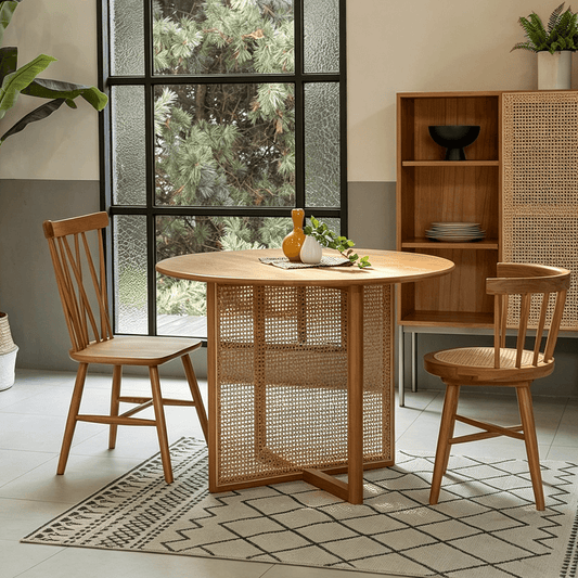 Round Wood Dining Table with Woven Rattan Panels
