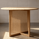 Round Wood Dining Table with Woven Rattan Panels