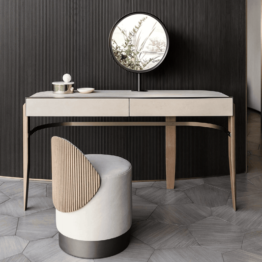 Modern Makeup Vanity with Circular Mirror and Upholstered Stool
