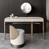 Modern Makeup Vanity with Circular Mirror and Upholstered Stool