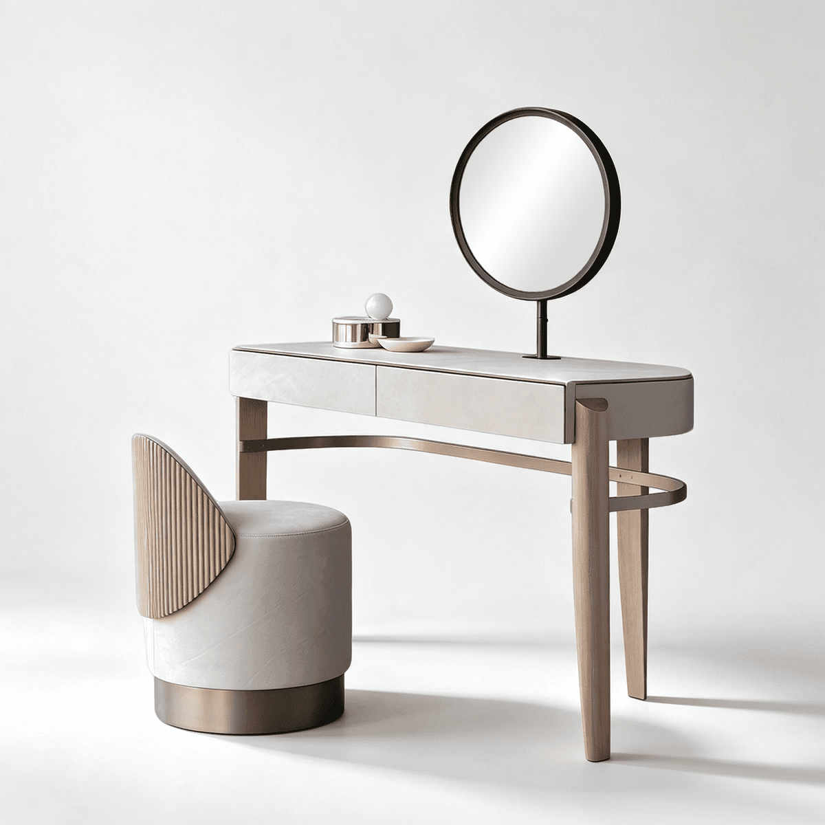 Modern Makeup Vanity with Circular Mirror and Upholstered Stool
