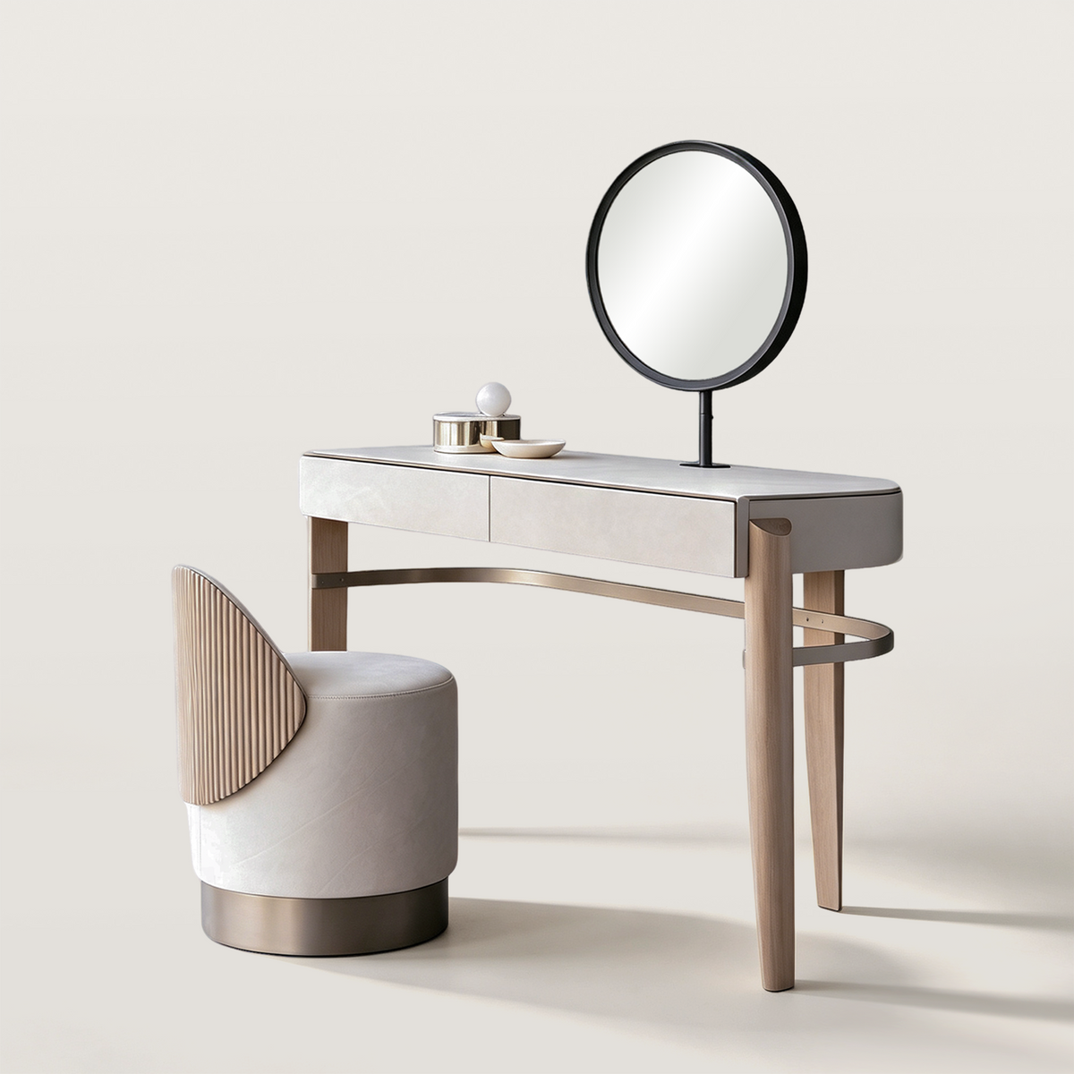 Modern Makeup Vanity with Circular Mirror and Upholstered Stool