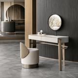 Modern Makeup Vanity with Circular Mirror and Upholstered Stool