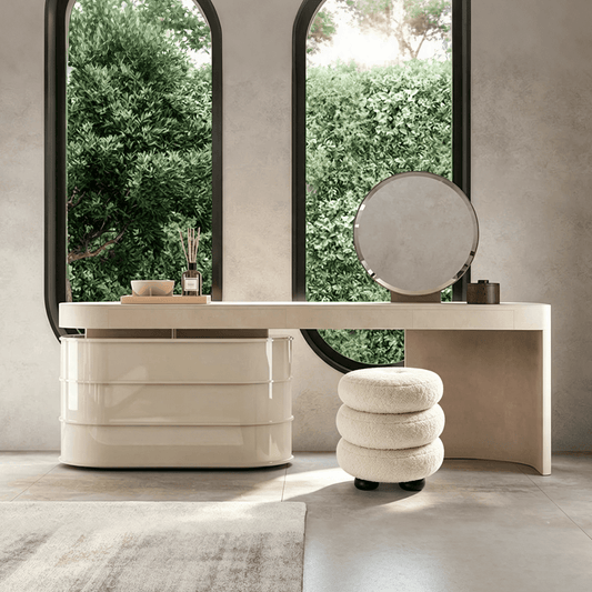 Modern Makeup Vanity Desk with Large Side Cabinet and Boucle Stool