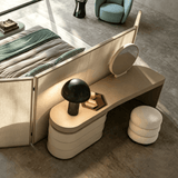 Modern Makeup Vanity Desk with Large Side Cabinet and Boucle Stool