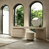 Modern Vanity Desk with Stacked Bouclé Stool and Storage Cabinet