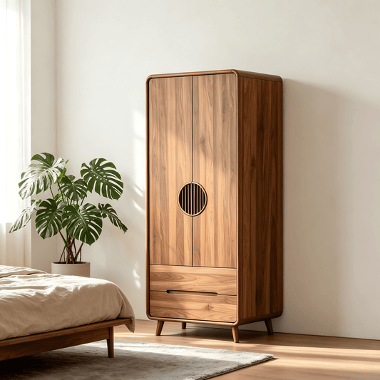 Freestanding Wardrobe Armoire with Drawers and Vertical Strip Decor