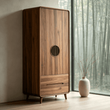 Freestanding Wardrobe Armoire with Drawers and Vertical Strip Decor