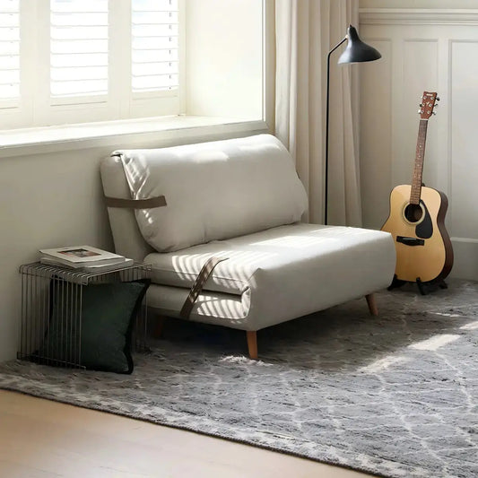 Modern Foldable Sofa Bed with Wood Legs and Leather Straps