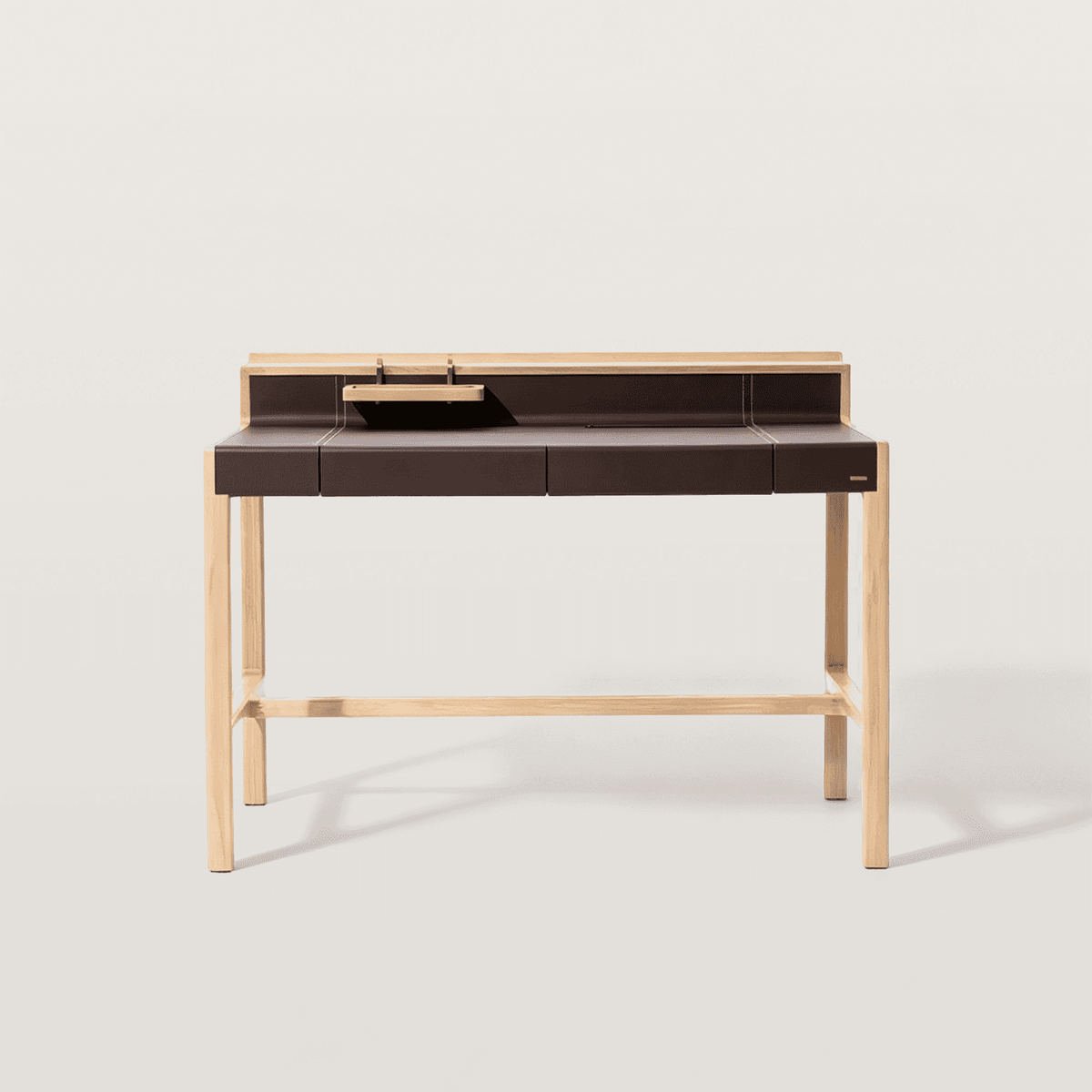 Wooden Desk with Leather-Wrapped Surface and Hidden Drawer