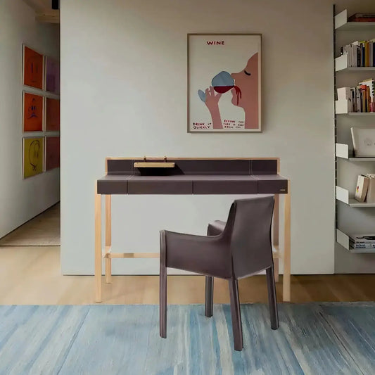 Wooden Desk with Leather-Wrapped Surface and Hidden Drawer