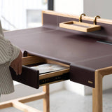 Wooden Desk with Leather-Wrapped Surface and Hidden Drawer