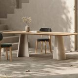 Wood Dining Table with Stone Finish Pedestal Bases