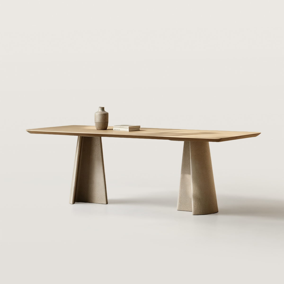 Wood Dining Table with Stone Finish Pedestal Bases