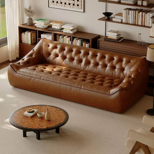Vintage Leather Sofa with Curved Back and Low Profile
