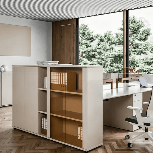 Modern File Cabinet with Glass Doors and Closed Compartments