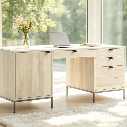 Modern Wood Home Office Desk with Drawers and Cabinet