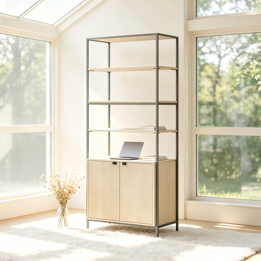 Modern Light Wood Bookshelf with Storage Cabinet