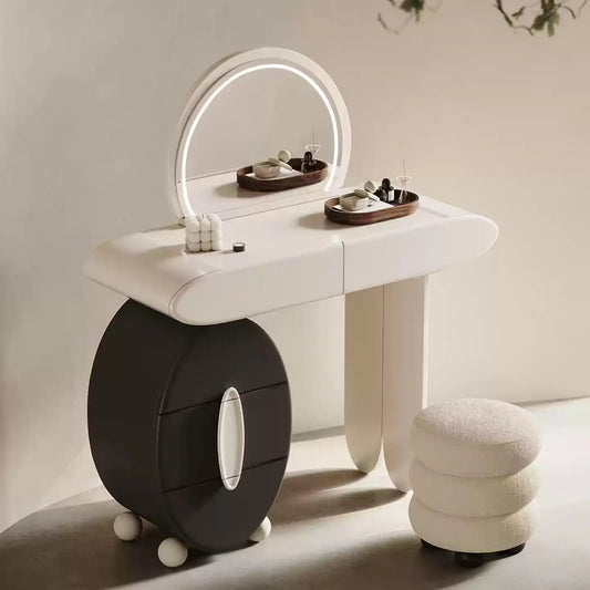 Asymmetrical Makeup Vanity with Circular Storage Drawer