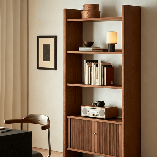 Mid-Century Wood Bookshelf with Fluted Storage Cabinet