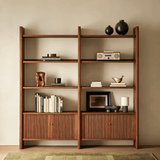 Mid-Century Wood Bookshelf with Fluted Storage Cabinet