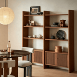 Mid-Century Wood Bookshelf with Fluted Storage Cabinet