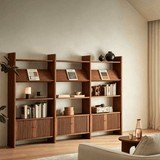 Mid-Century Wood Bookshelf with Fluted Storage Cabinet