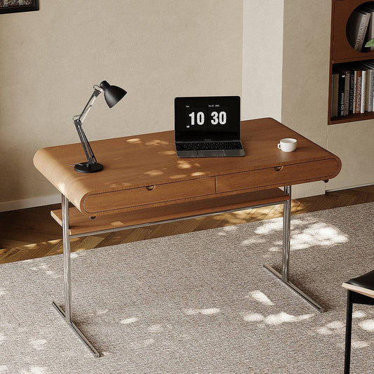 Modern Computer Desk with Drawers and Metal Legs