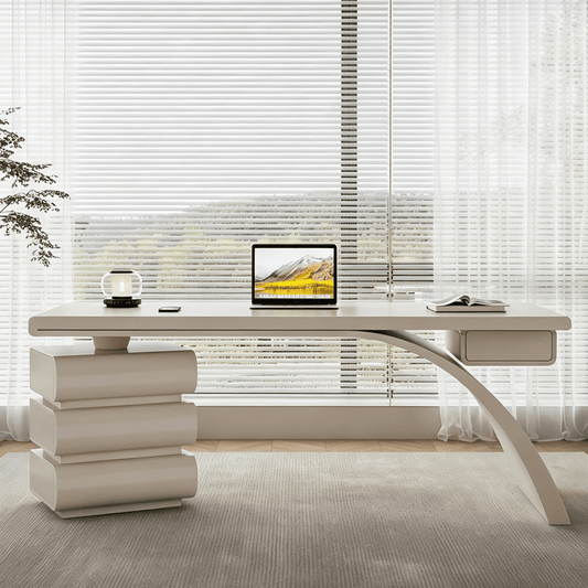 Modern Office Desk with Drawers and Sculptural Stacked Base