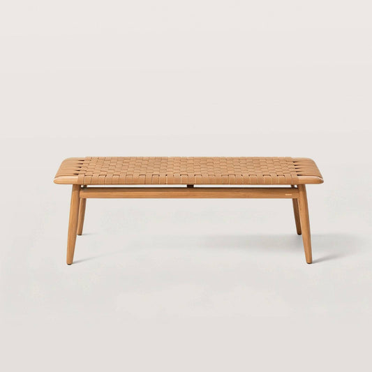 Woven Leather Bench with Wood Frame for Entryway