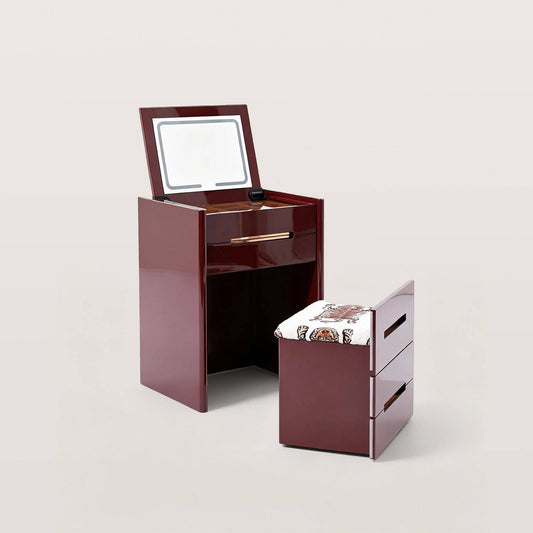 Modern Vanity Desk with LED Folding Mirror and Hidden Stool